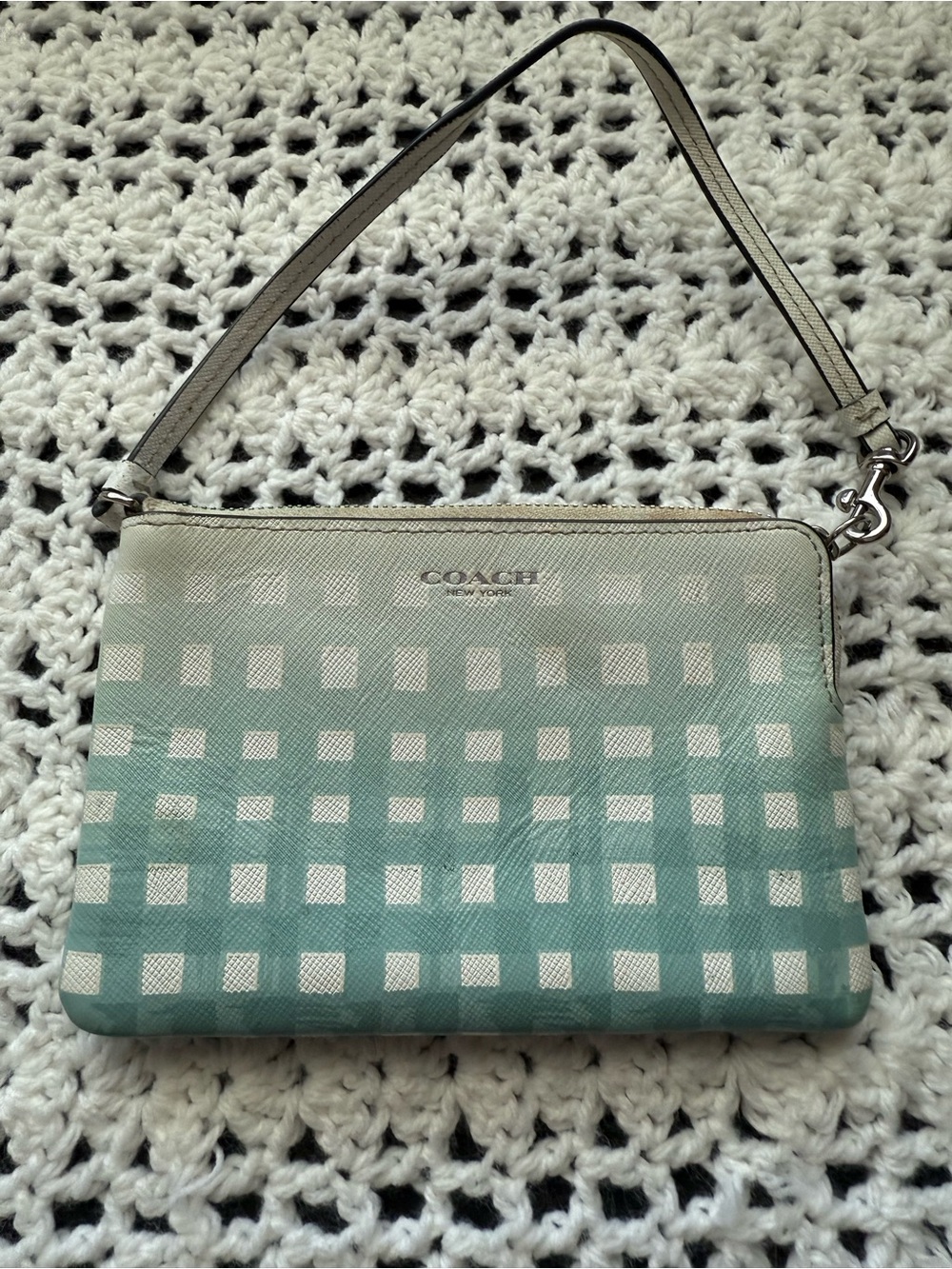COACH Ombre Gingham Wristlet in Teal and Cream